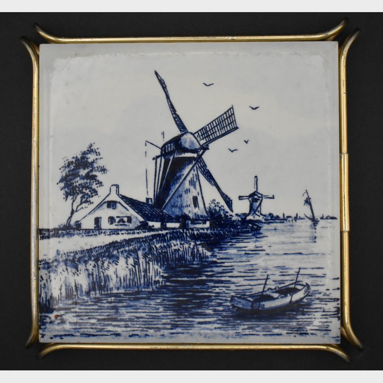 Vintage Dutch Delft Style Tile Tray with Windmill Motif