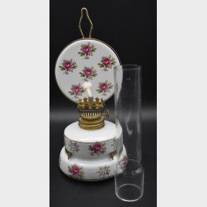 Vintage Porcelain Oil Lamp with Floral Decoration � Brass Burner & Glass Chimney