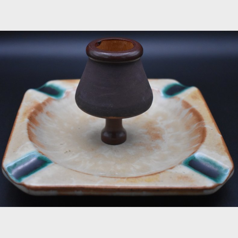 Danish ceramic ashtray with wooden pipe rest