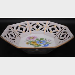 Alt Tirschenreuth Porcelain Reticulated Bowl � Hand Painted Floral Dish with Gold Trim Germany
