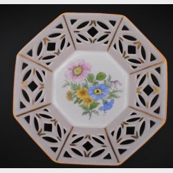 Alt Tirschenreuth Porcelain Reticulated Bowl � Hand Painted Floral Dish with Gold Trim Germany