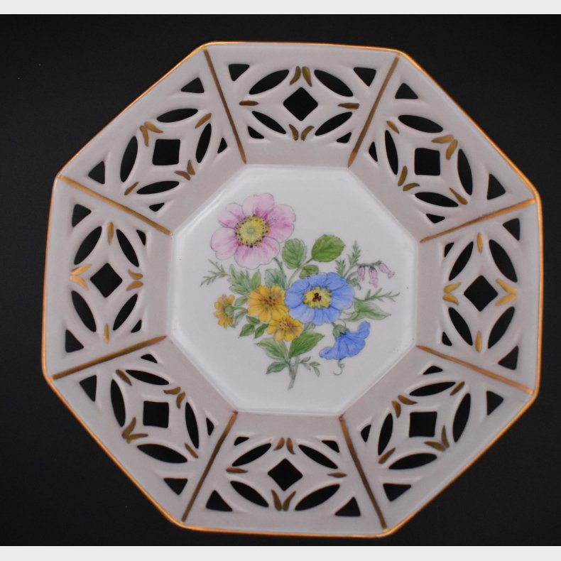 Alt Tirschenreuth Porcelain Reticulated Bowl � Hand Painted Floral Dish with Gold Trim Germany