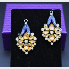 Vintage Statement Rhinestone Drop Earrings � Yellow & Violet Crystal Floral Design