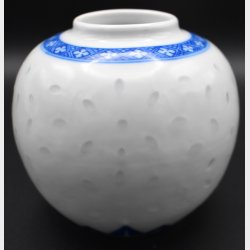 Unmarked White Porcelain Bud Vase with Cobalt Blue Geometric Band � Scandinavian Style