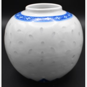 Unmarked White Porcelain Bud Vase with Cobalt Blue Geometric Band � Scandinavian Style
