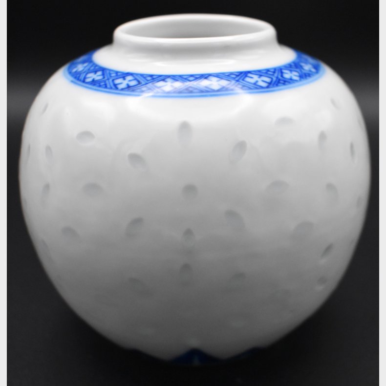 Unmarked White Porcelain Bud Vase with Cobalt Blue Geometric Band � Scandinavian Style