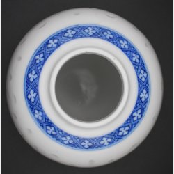 Unmarked White Porcelain Bud Vase with Cobalt Blue Geometric Band � Scandinavian Style