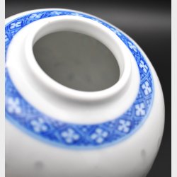 Unmarked White Porcelain Bud Vase with Cobalt Blue Geometric Band � Scandinavian Style