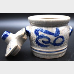 Vintage Studio Pottery Mustard Pot with Lid � Blue &amp; Grey Glazed Stoneware Jar