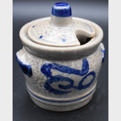 Vintage Studio Pottery Mustard Pot with Lid � Blue &amp; Grey Glazed Stoneware Jar