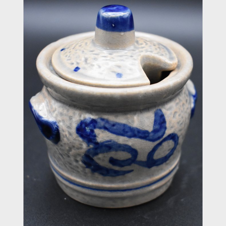 Vintage Studio Pottery Mustard Pot with Lid � Blue &amp; Grey Glazed Stoneware Jar