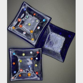 Set of 3 Handmade Art Glass Bowls / Decorative Blue Glass Trinket Dishes
