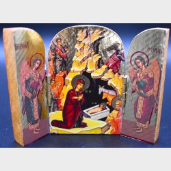 Small Russian Icon Triptych � Nativity Scene � Folding Wooden Travel Icon