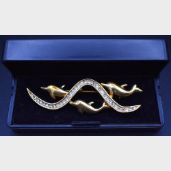 Vintage Dolphin Brooch with Rhinestones in Gold-Tone Finish