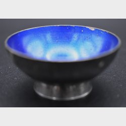 Vintage Blue Enamel Metal Bowl on Foot � Iridescent Finish Decorative Dish