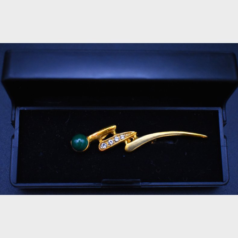 Title: Vintage Gold-Tone Modernist Brooch with Green Cabochon &amp; Crystal Accents