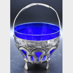 Antique Silver-Plated Basket with Blue Glass Insert (WMF Style)