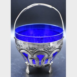 Antique Silver-Plated Basket with Blue Glass Insert (WMF Style)