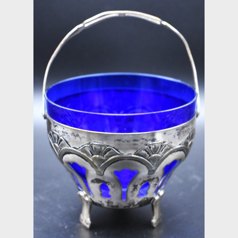 Antique Silver-Plated Basket with Blue Glass Insert (WMF Style)