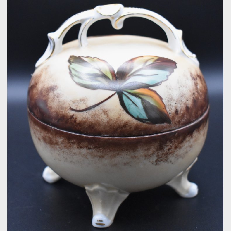 Vintage Hand-Painted Porcelain Lidded Bowl with Clover Motif and Gilt Details