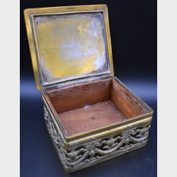 Antique Gilt Brass Trinket Box with Pierced Decoration and Wooden Interior