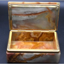 Vintage Onyx Stone Jewelry / Trinket Box with Brass Mounts and Hinged Lid