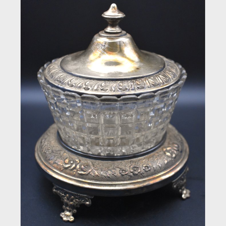 Antique Cut Glass Lidded Bowl with Ornate Silver-Plated Stand