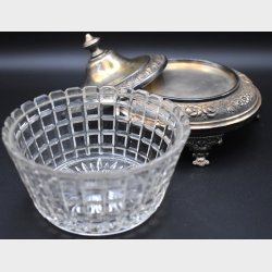 Antique Cut Glass Lidded Bowl with Ornate Silver-Plated Stand