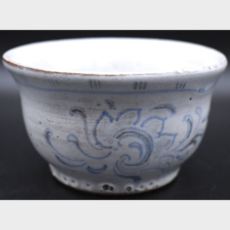 Vintage Handmade Stoneware Bowl with Blue Floral Motif