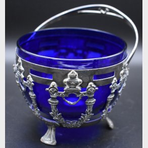 Vintage Cobalt Blue Glass Bowl with Silver-Tone Mount and Handle