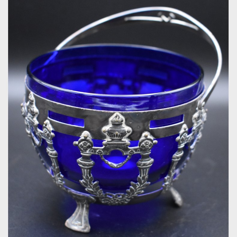 Vintage Cobalt Blue Glass Bowl with Silver-Tone Mount and Handle