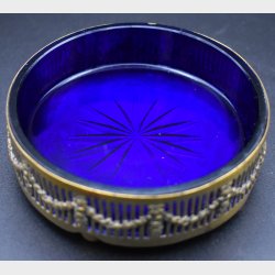 Vintage Brass Coaster with Cobalt Blue Glass Insert