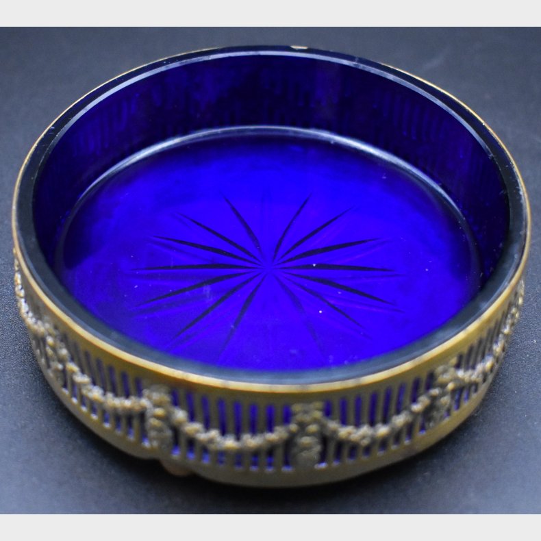 Vintage Brass Coaster with Cobalt Blue Glass Insert