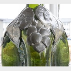 Art Nouveau Dark Green Glass Decanter with Pewter Leaf Mount