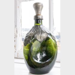 Art Nouveau Dark Green Glass Decanter with Pewter Leaf Mount