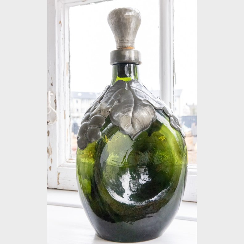 Art Nouveau Dark Green Glass Decanter with Pewter Leaf Mount