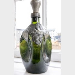 Art Nouveau Dark Green Glass Decanter with Pewter Leaf Mount