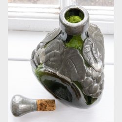 Art Nouveau Dark Green Glass Decanter with Pewter Leaf Mount