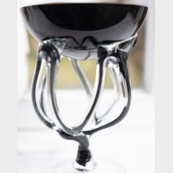 Hand-Blown Murano-Style Art Glass Bowl in Black and Clear with Organic Sculptural Stem Base