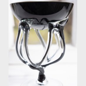 Hand-Blown Murano-Style Art Glass Bowl in Black and Clear with Organic Sculptural Stem Base