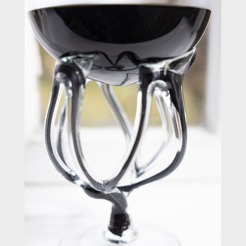 Hand-Blown Murano-Style Art Glass Bowl in Black and Clear with Organic Sculptural Stem Base
