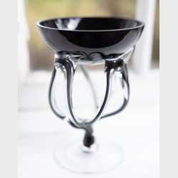 Hand-Blown Murano-Style Art Glass Bowl in Black and Clear with Organic Sculptural Stem Base