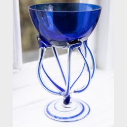 Handcrafted Cobalt Blue Glass Bowl with Delicate Sculptural Stem � Murano Style
