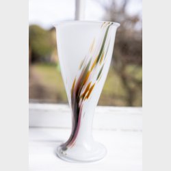 Beautiful Holmegaard Opaline Glass Vase with Flowing Multicolor Design in Green and Rose Tones