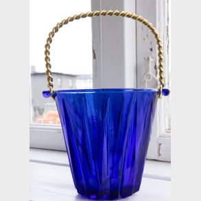 Vintage Cobalt Blue Glass Ice Bucket with gilted handle