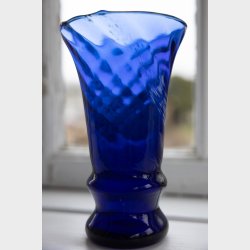 Handblown Cobalt Blue Glass Vase with White Speckled Swirl Pattern