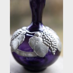 Art Nouveau Amethyst Glass Vase with Ornate Pewter Grape &amp; Leaf Mount, c.1900