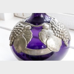 Art Nouveau Amethyst Glass Vase with Ornate Pewter Grape &amp; Leaf Mount, c.1900