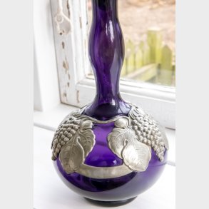 Art Nouveau Amethyst Glass Vase with Ornate Pewter Grape & Leaf Mount, c.1900