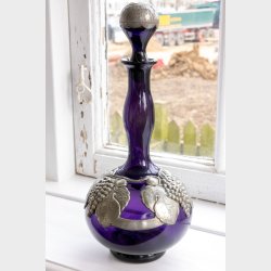 Art Nouveau Amethyst Glass Vase with Ornate Pewter Grape &amp; Leaf Mount, c.1900
